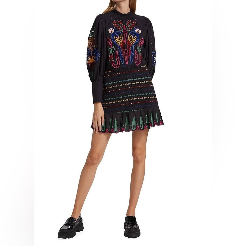 Farm Rio Navy Tropical Tapestry Embroidered Long Sleve Dress
